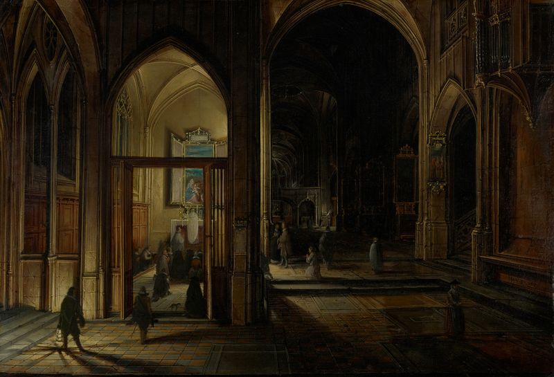 Interior of a gothic church at night, featuring stained glass, by Hendrick van Steenwijck the Younger
