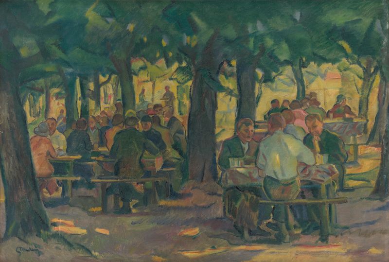 Rest beneath the Trees, oil on canvas by Gustáv Mallý, featuring a figure resting under trees.