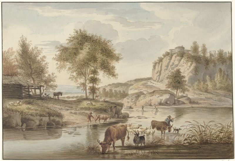 Riviergezicht met vee by Christiaan Josi, oil painting depicting a river and grazing cattle.