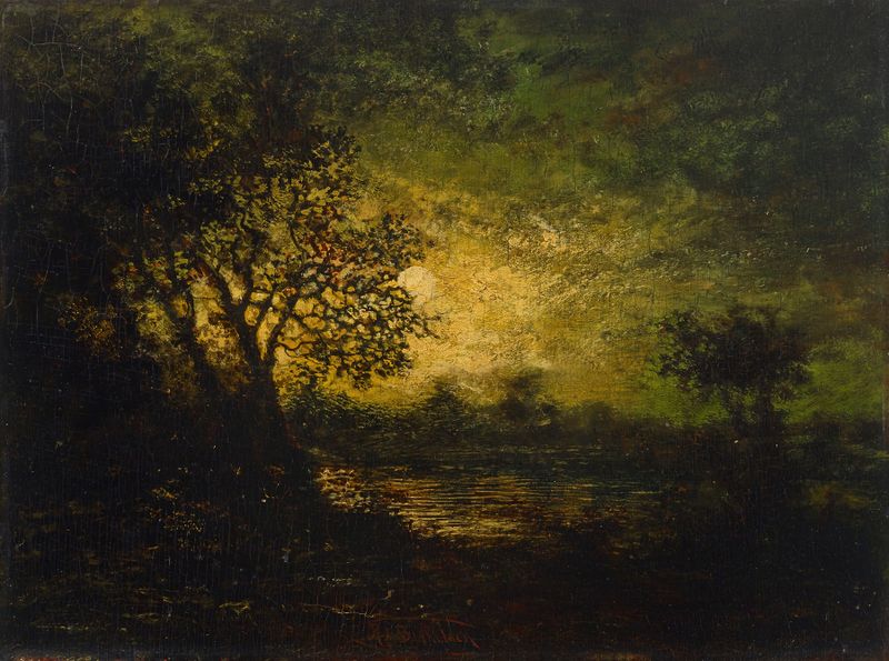 Moonlight by Ralph Albert Blakelock, oil on canvas depicting tranquil water and trees.
