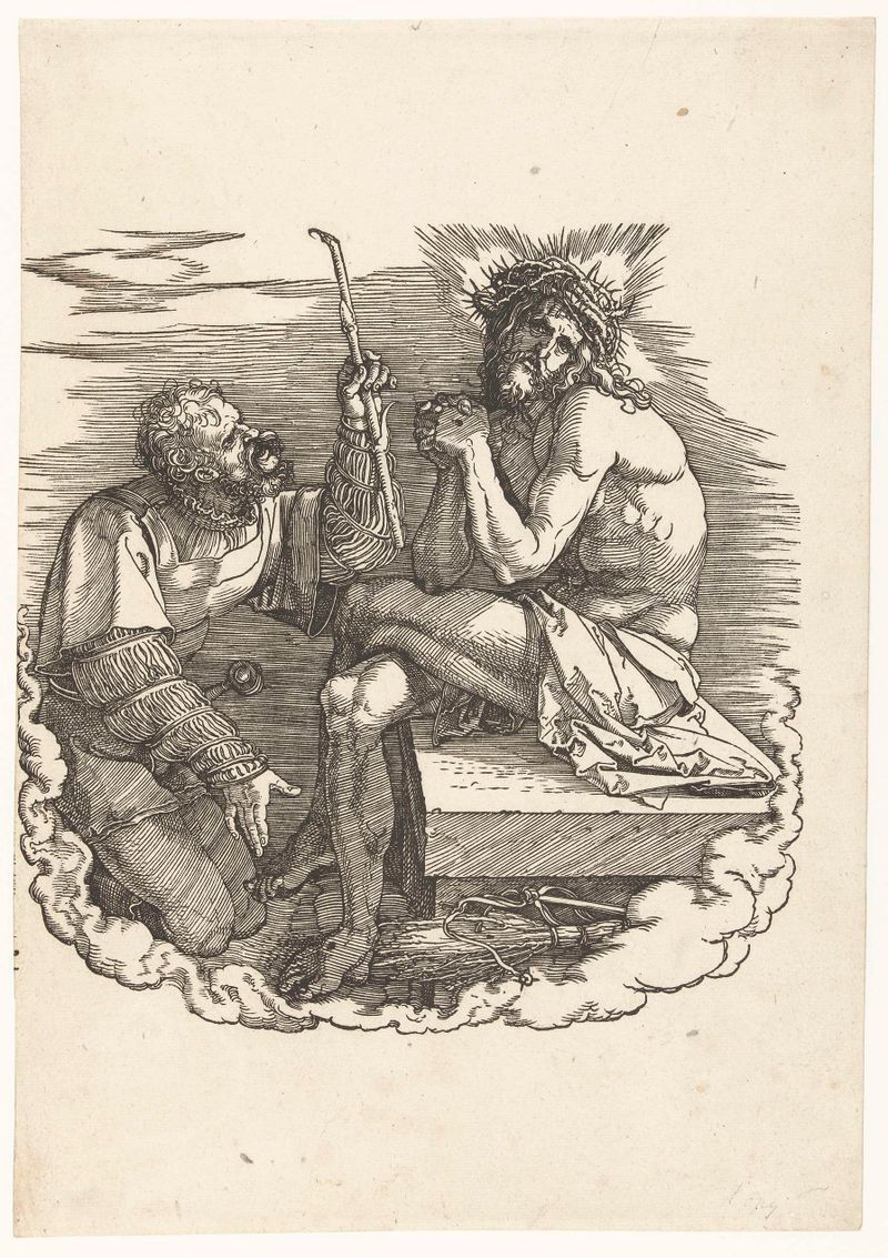 Christus als Man van Smarten, gravura de Albrecht Dürer, mostrando Cristo em angústia com um soldado zombando.