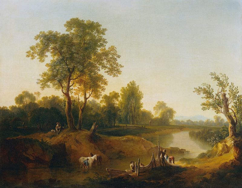 Oil painting by Martin von Molitor depicting a fisherman in a river landscape.