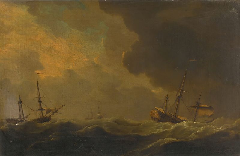 Shipping in a Storm de Charles Brooking, óleo de un barco en mares turbulentos