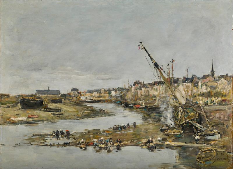 Pintura a óleo de Eugène Boudin retratando um porto com barcos e ondas suaves