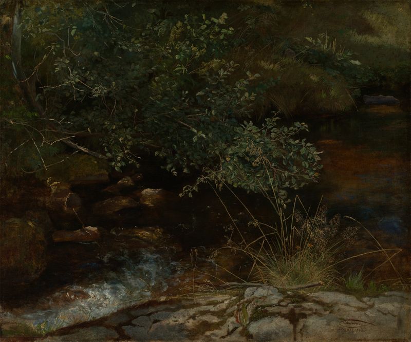 Paisaje con río, arbustos y hierba de Hans Thoma, pintura al óleo