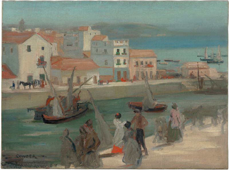 Quayside at Algeciras, Spain de Charles Conder, óleo sobre lienzo que muestra figuras conversando al atardecer.