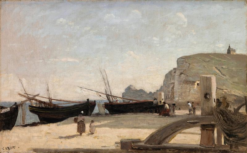 A Praia, Étretat de Jean-Baptiste-Camille Corot, pintura a óleo que retrata ondas e penhascos na costa.