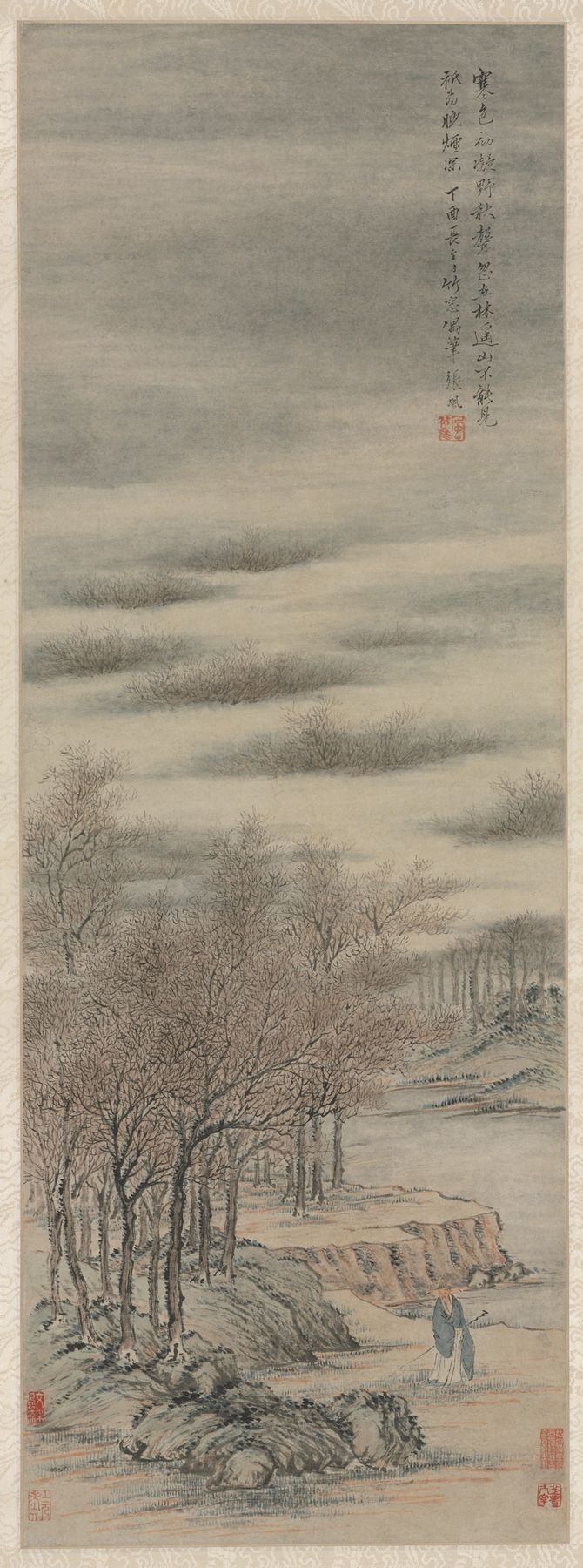Listening to the Sound of Autumn in a Misty Grove, tinta sobre papel de Zhang Feng, que muestra árboles brumosos en otoño.