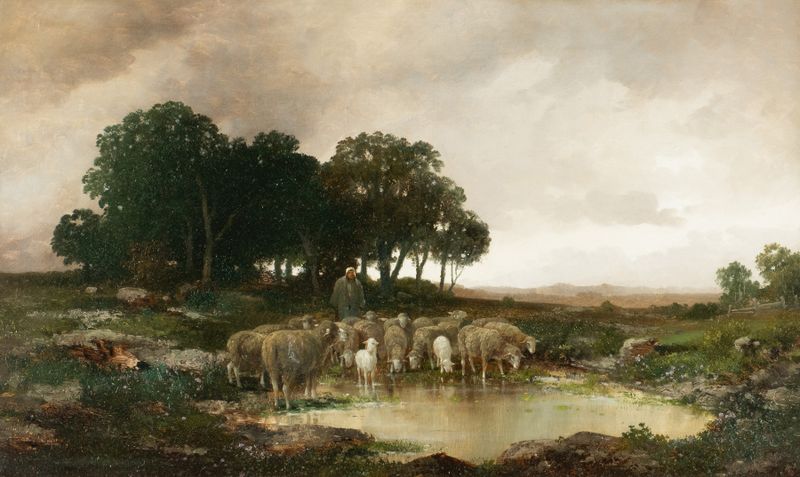 Sheep in a rainy landscape, oil painting by Adolf Kaufmann