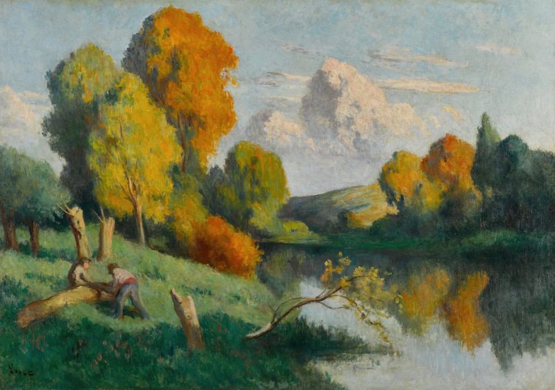 Lenhadores trabalhando em uma floresta, óleo sobre tela de Maximilien Luce