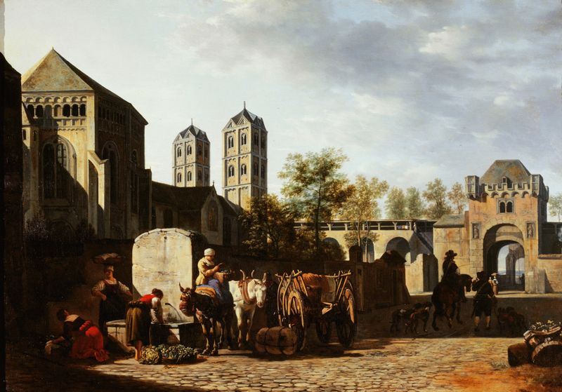 Fountain and church in Cologne, oil on canvas by Gerrit Adriaensz. Berckheyde