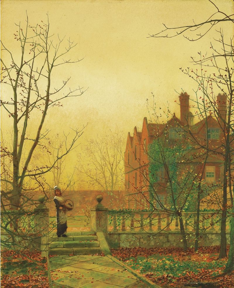 Autumn Gold, oil on canvas by John Atkinson Grimshaw, featuring a golden path through a forest.