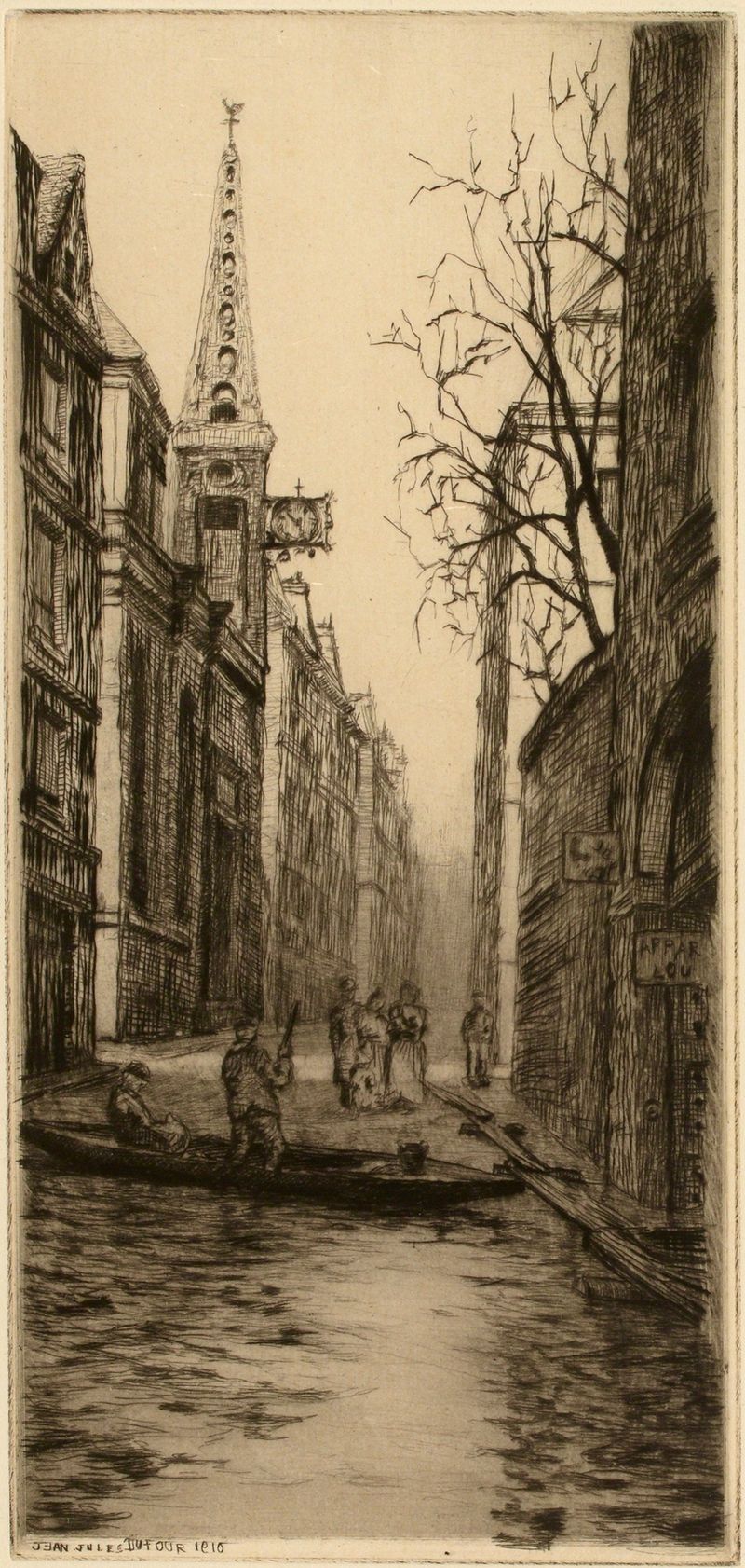 La rue St Louis en l’île, oil on canvas by Jean-Jules Dufour, depicting a lively Parisian street.