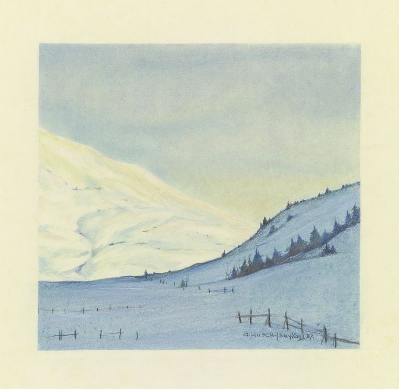 Paisagem ao entardecer com colinas e flora vibrante, pintura a óleo de Adolf Jansen
