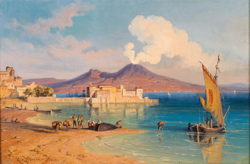 Marine scene of the Bay of Naples with Castel dell'Ovo, oil painting by Edmund Von Wörndle