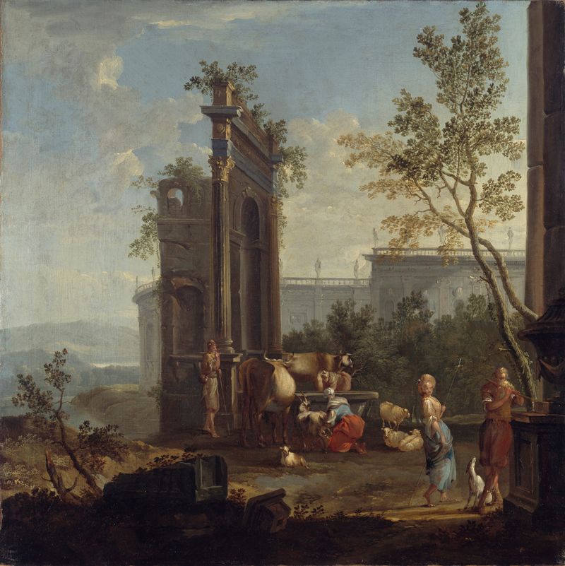 A Capriccio with Pastoral Figures and Animals de Willem van der Hagen, óleo sobre tela representando uma paisagem exuberante.