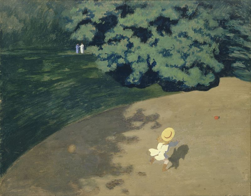 The Ball de Félix Vallotton, pintura a óleo que retrata uma multidão animada celebrando sob candelabros.
