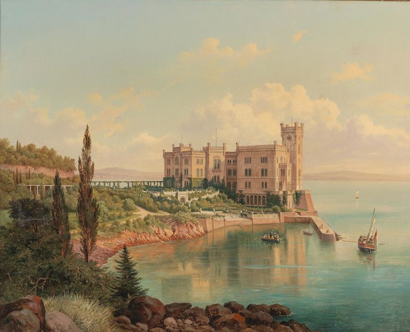 View of Miramare Castle near Trieste, oil painting by Hubert Sattler