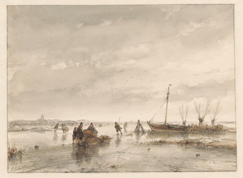 Winter landscape with a frozen lake, oil on canvas by Andreas Schelfhout