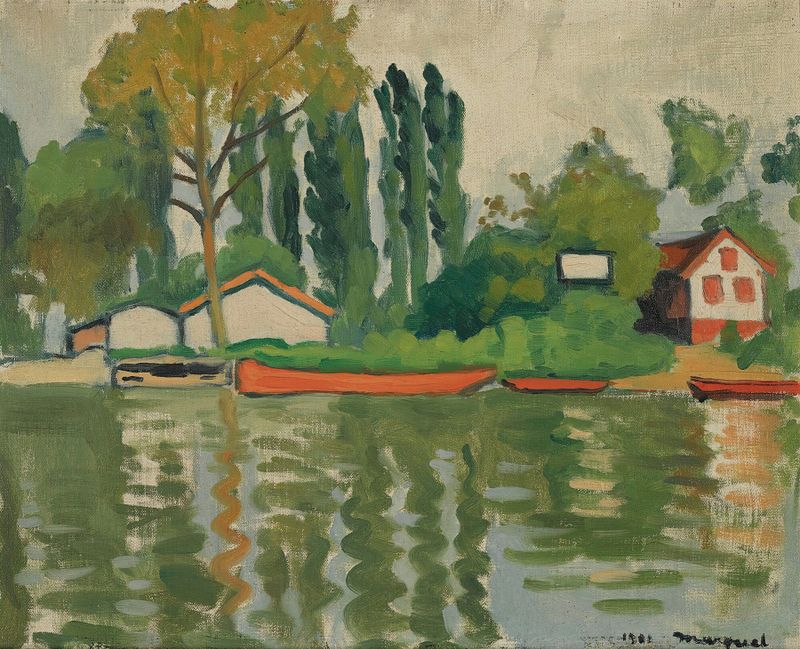 Les Peupliers À Villennes de Albert Marquet, óleo sobre lienzo que representa álamos y un río.