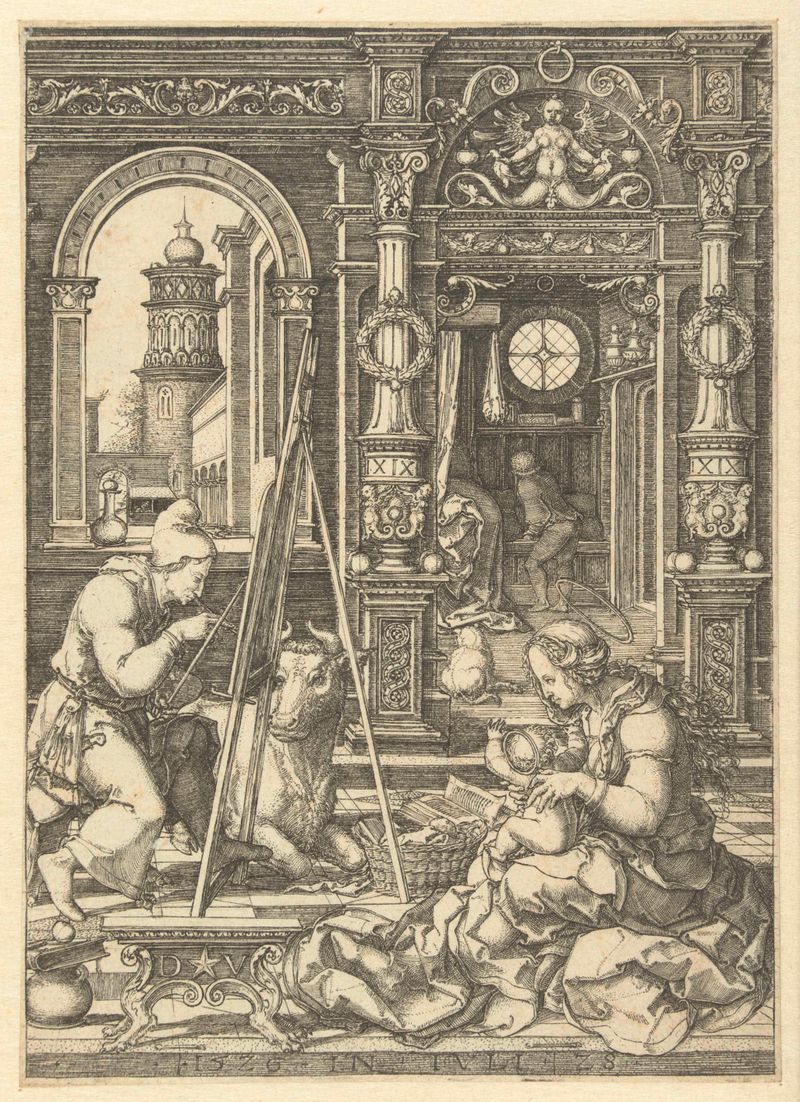 Engraving by Dirck Vellert depicting Madonna and Child with luminous light