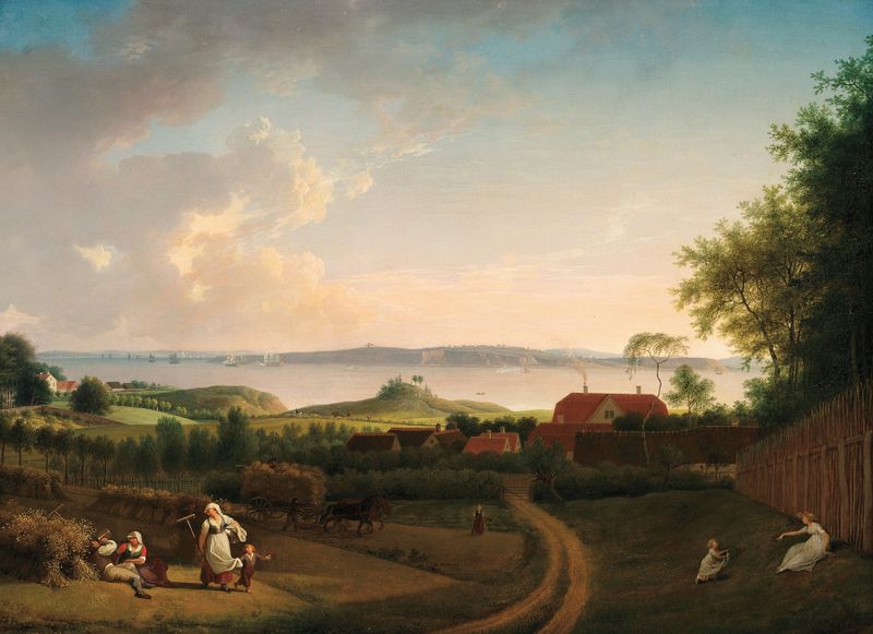 Landscape by the Sound, pintura al óleo de Jens Juel que representa suaves colinas y naturaleza serena.