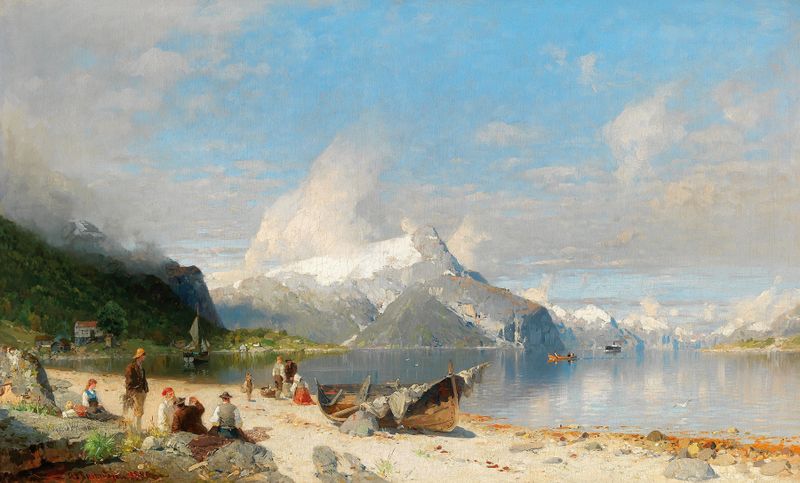 Landscape of a fjord with hills and sunlight, oil painting by Georg Anton Rasmussen