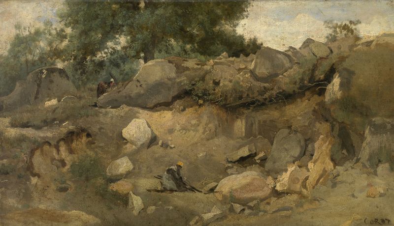 A Pedreira de Chaise-Marie em Fontainebleau de Jean-Baptiste-Camille Corot, pintura a óleo de uma paisagem tranquila.