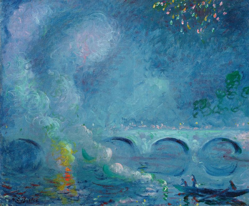 Fireworks over a bridge reflected in water, oil on canvas by Theodore Earl Butler