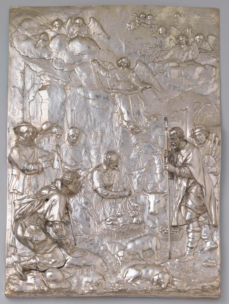The Adoration of the Shepherds by Paulus Willemsz. van Vianen, silver medium, depicting shepherds in reverence.