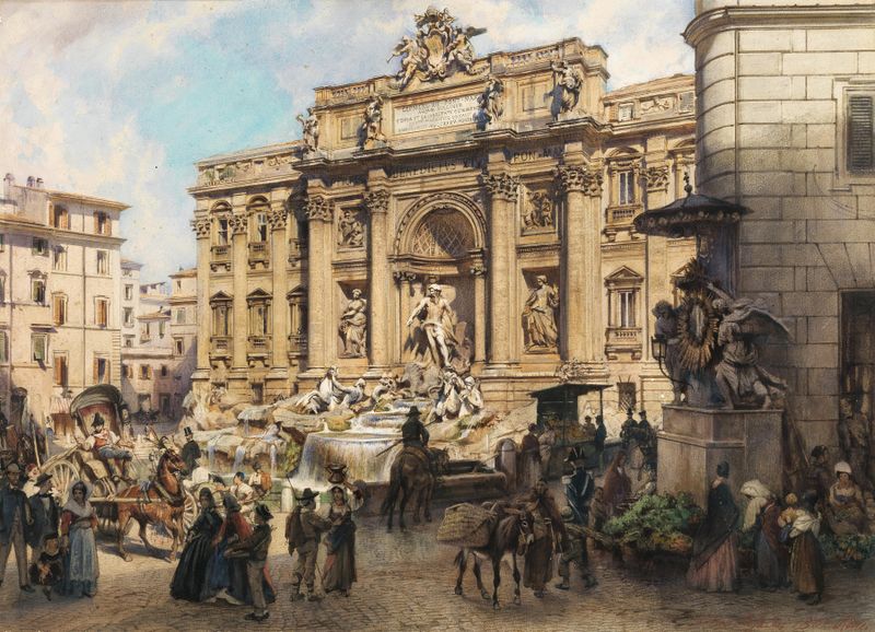 Rome, Trevi Fountain by Ludwig Johann Passini, oil painting depicting cascading waters and architecture