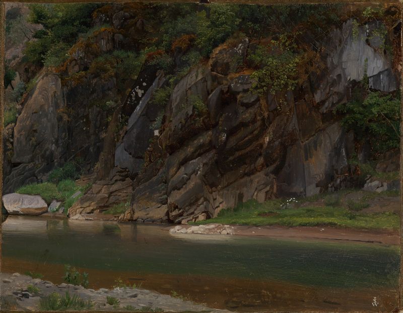 Paisaje con un río y una costa rocosa, pintura al óleo de Johann Wilhelm Schirmer