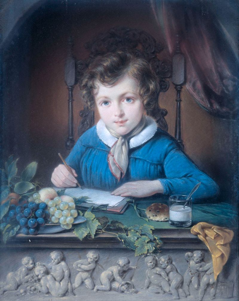 Portrait of a boy in a blue jacket, seated in a window niche, by Jean Augustin Daiwaille, paper
