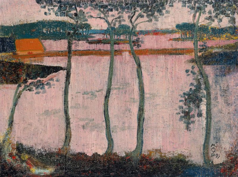 La Digue rouge à Loctudy de Maurice Denis, óleo sobre tela que retrata um dique vermelho e uma paisagem serena.