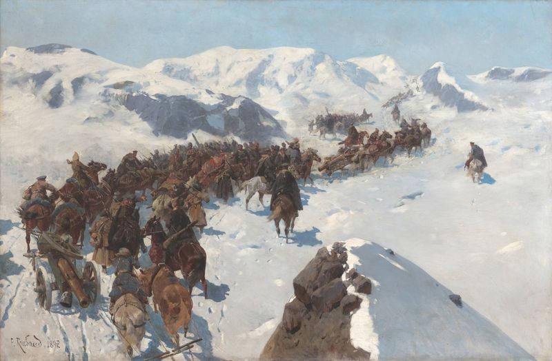 Landscape of snowy mountains in Crossing by Argutinsky, oil painting by Franz Roubaud