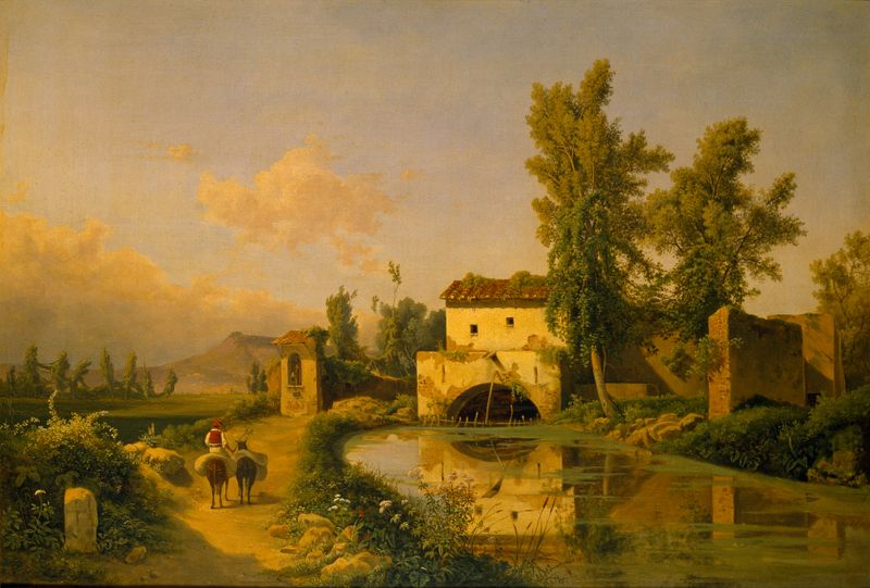 Paisagem Italiana de Beniamino De Francesco, pintura a óleo que retrata colinas e um céu crepuscular.