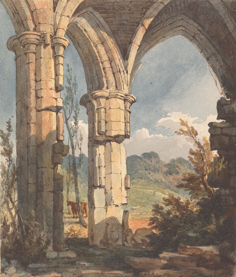 Landscape Looking Through Ruined Archway de Thomas Sully, pintura a óleo que retrata uma paisagem serena.