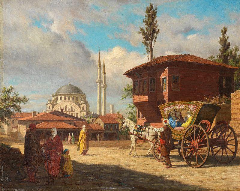 Figuras fuera de la Mezquita Eyüp Sultan, Estambul de Louis-Emile Pinel De Grandchamp, medio desconocido