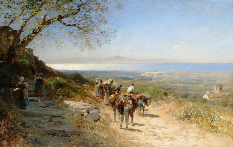 Homecoming of the Field Workers by Albert Flamm, oil painting depicting weary field workers returning home.