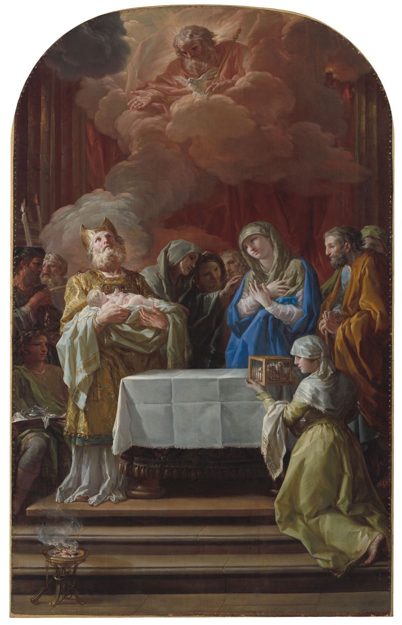 La Presentación en el Templo de Corrado Giaquinto, óleo sobre lienzo, mostrando a un niño levantado en un templo.