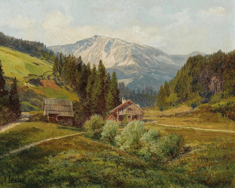 Landscape of an alpine pasture with wildflowers, oil painting by Konrad Petrides