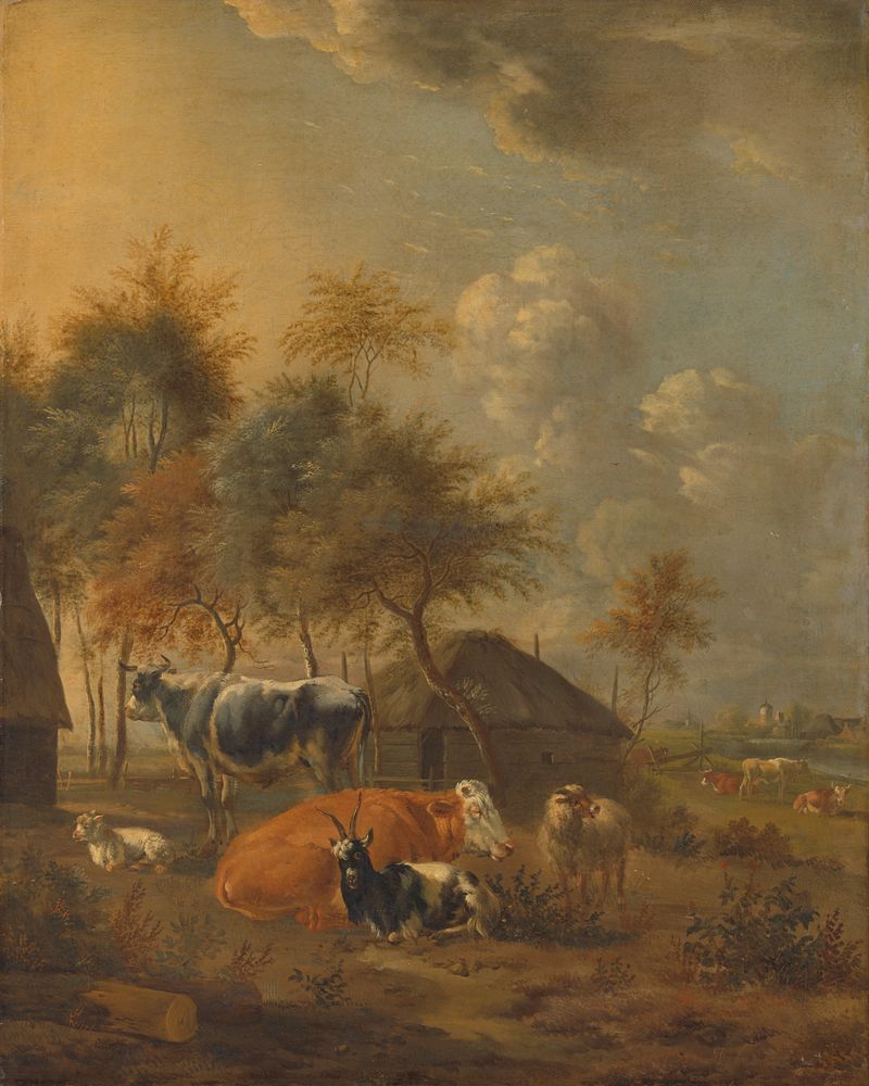 Paisaje con animales, óleo sobre lienzo de Monogrammist IL, con vida silvestre en un entorno exuberante.
