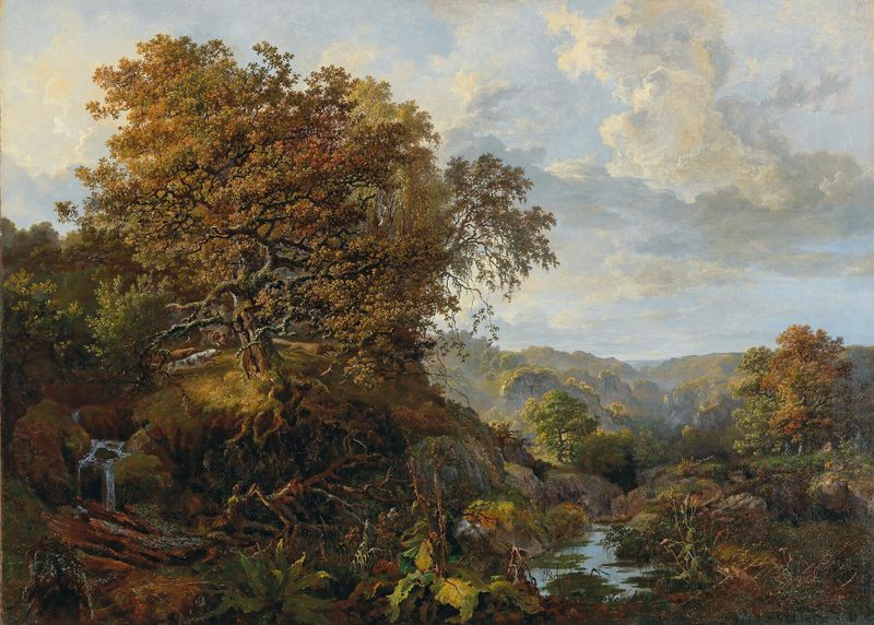 Paisagem com uma cachoeira e cães, óleo sobre tela de Vladimir Osipovich Sherwood