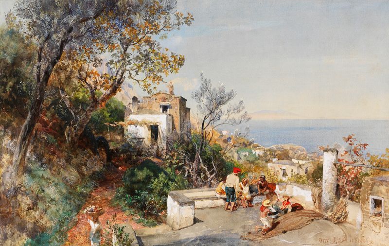 Vista da paisagem da baía de Nápoles, óleo sobre tela de Oswald Achenbach