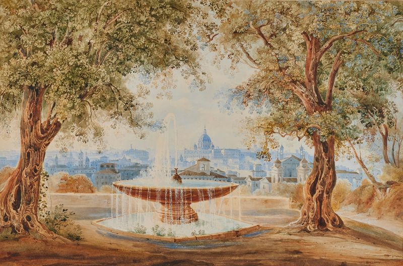 Oil painting by Johann Jakob Wolfensberger depicting a landscape of Rome with the Basilica di San Pietro.