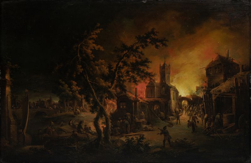Conflagration at Night, oil painting by Johann Georg Trautmann depicting a fiery landscape.