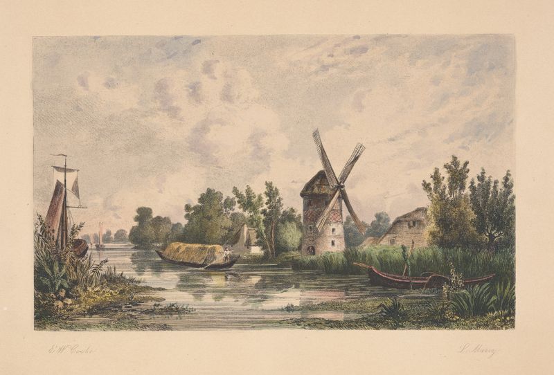 Landscape with windmill by Louis Marvy, oil painting depicting fields and sunset.