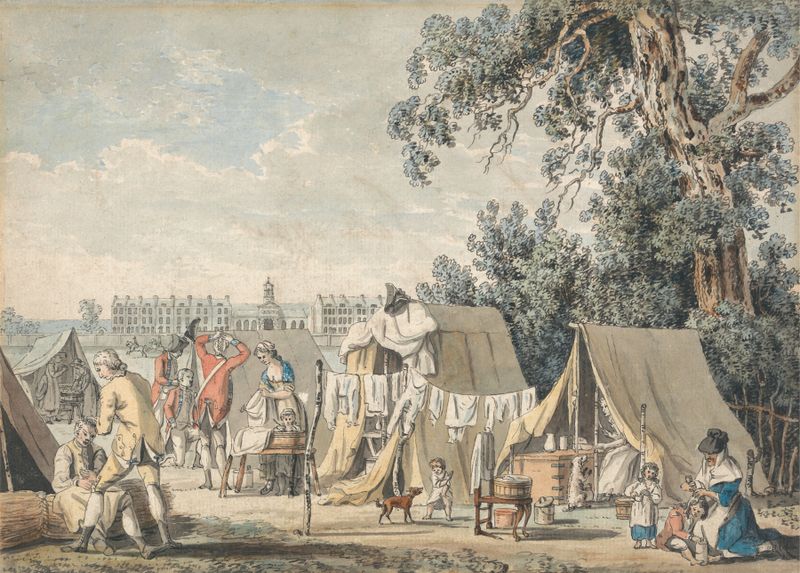 A Military Encampment in Hyde Park, oil on canvas by James Malton, showing soldiers in a green landscape.
