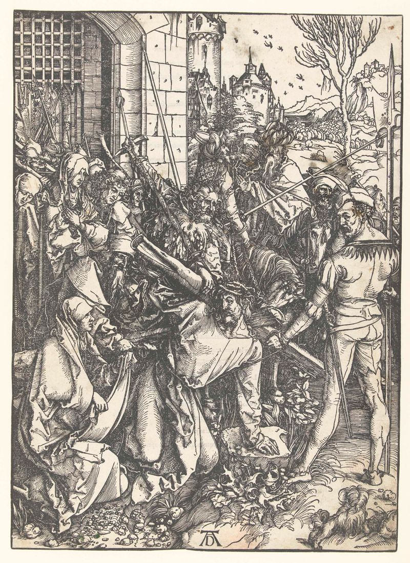 Kruisdraging engraving by Albrecht Dürer depicting figures encircling a cross