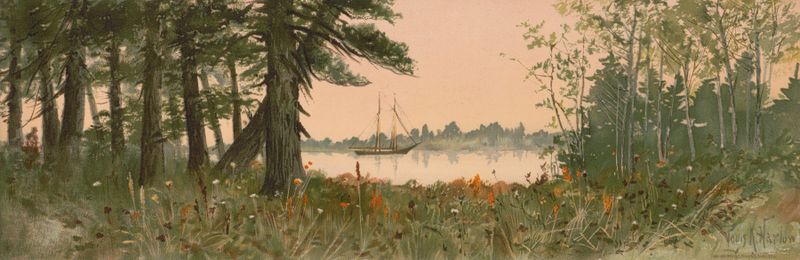 Old Hemlocks de Louis Kinney Harlow, óleo sobre tela retratando árvores altas e luz filtrada.